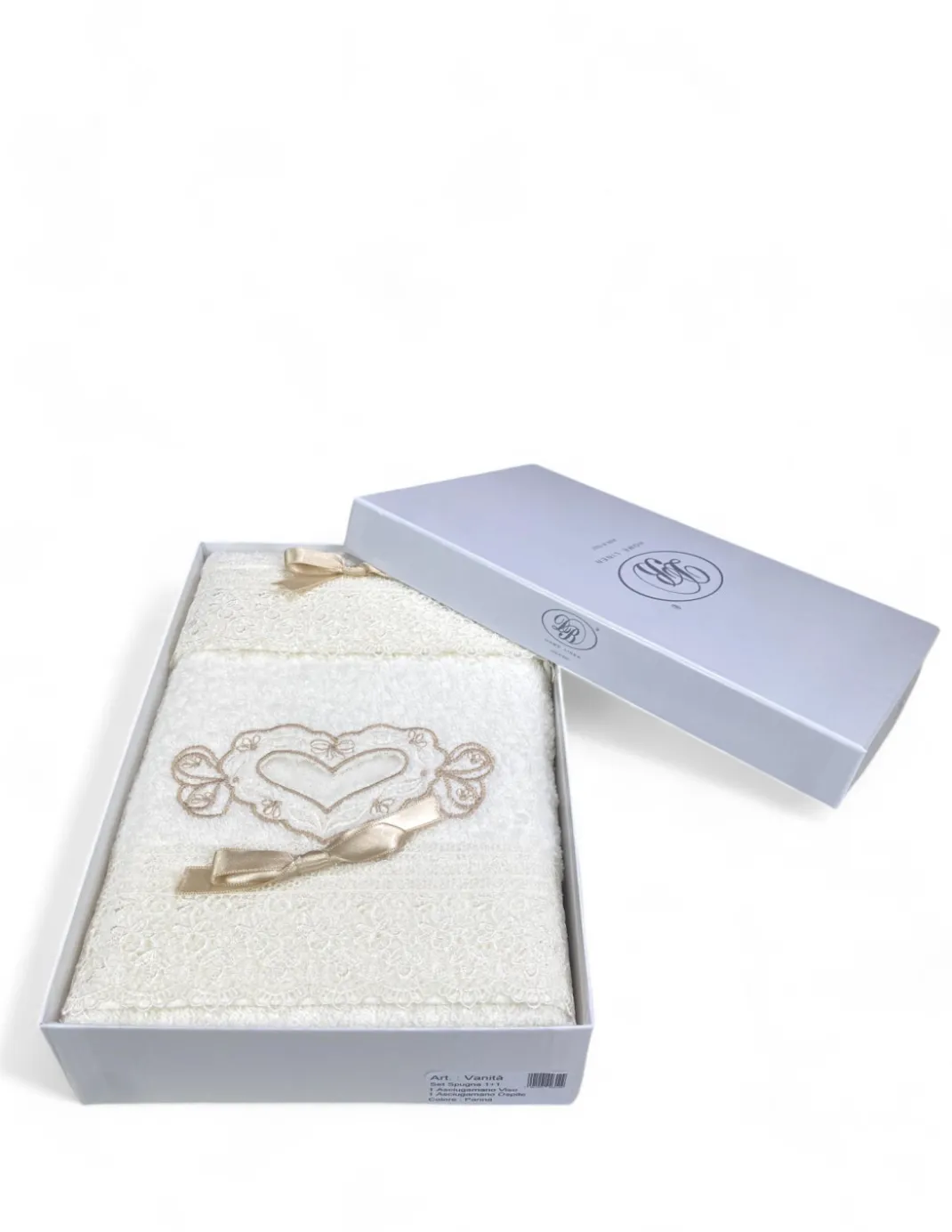Set Asciugamani 1+1 Vanità Panna, Ricamo Cuore e Pizzo, Puro Cotone, Made in Italy, Idea Regalo, Confezione Elegante
