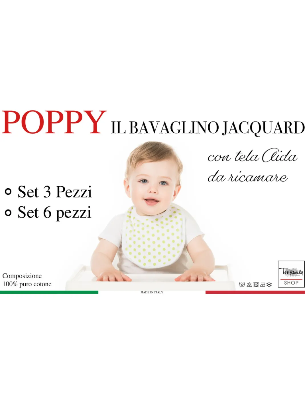 SET BAVAGLINI BAMBINA FEMMINA POPPY © cm. 20x24 bavaglio con lacci e tela AIDA
