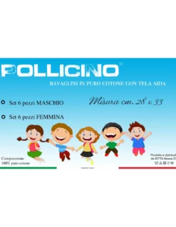 SET 6 BAVAGLINI BAVETTE bambino POLLICINO © cm. 28 x 33 bavaglio con elastico puro cotone con tela AIDA per ricamare il nome