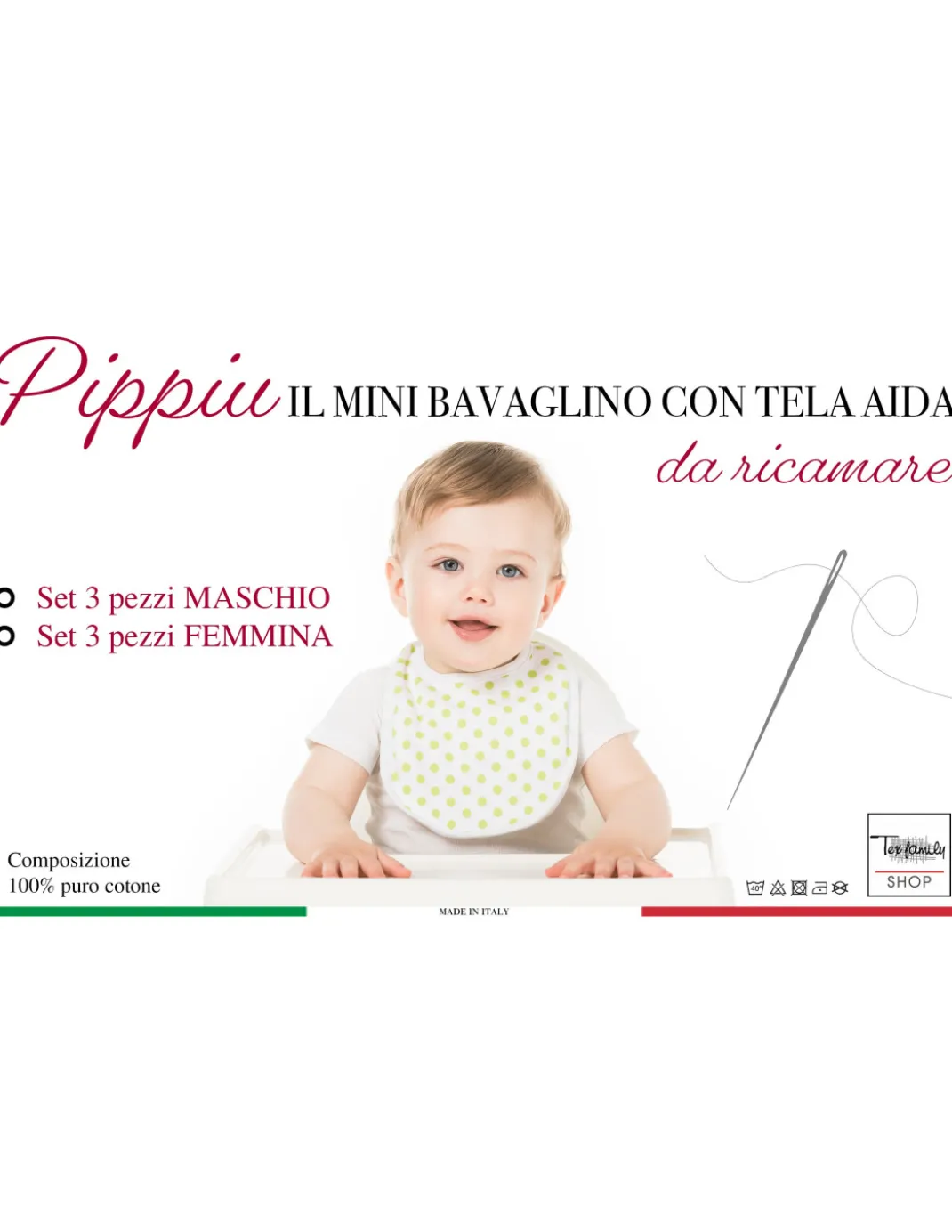 SET 3 BAVAGLINI BAVETTE bambino PIPPÌU © cm. 16x18 misura MINI bavaglio con lacci con tela aida