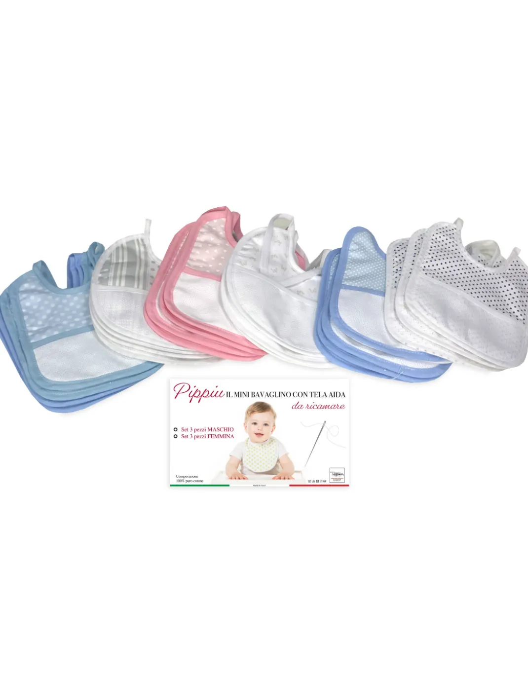 SET 3 BAVAGLINI BAVETTE bambino PIPPÌU © cm. 16x18 misura MINI bavaglio con lacci con tela aida