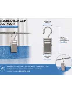 Set 20 Clip Gustavo in Acciaio Inox per Tende, Mollette con Gancio a S Reggitenda