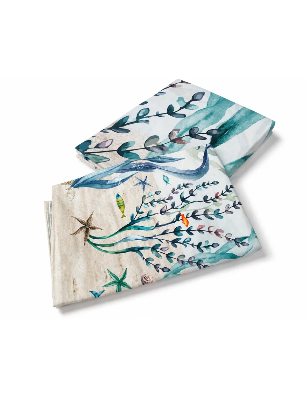 Set Lenzuolo Copriletto con Balza Matrimoniale 250x290 + 2 Federe 50x80, 100% Cotone, Fantasia Mare Blu