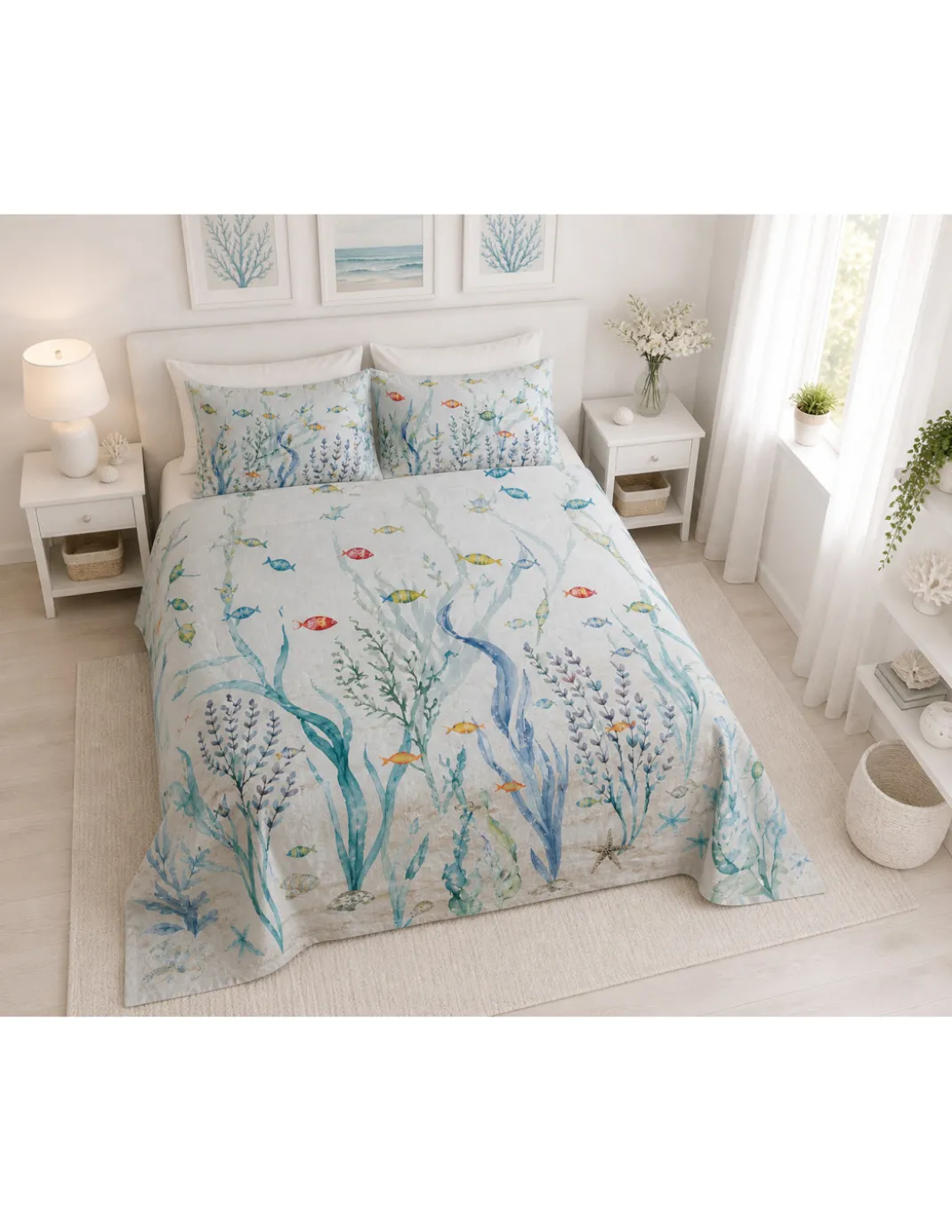 Set Lenzuolo Copriletto con Balza Matrimoniale 250x290 + 2 Federe 50x80, 100% Cotone, Fantasia Mare Blu