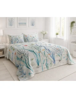 Set Lenzuolo Copriletto con Balza Matrimoniale 250x290 + 2 Federe 50x80, 100% Cotone, Fantasia Mare Blu