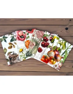 Strofinacci Cucina Cotone Set 5 Pezzi 50x70 cm - Fantasie Floreali e Gatti - con Asola