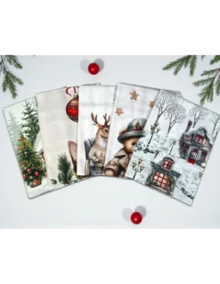 Strofinacci Cucina Natale – Set 5 Pezzi 50x70 cm – Canovacci Cotone Decorativi con Asola