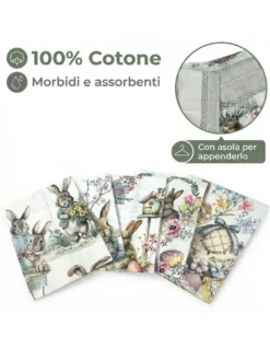 Strofinacci Cucina Pasquali Cotone Set 5 Pezzi 50x70 - Coniglietti e Uova