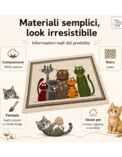 Tappeto Cucina Gatti 100% Cotone Antiscivolo Beige Multiuso