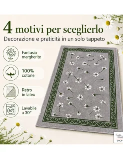 Tappeto Cucina Margherite 100% Cotone Antiscivolo Grigio Multiuso