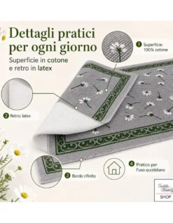 Tappeto Cucina Margherite 100% Cotone Antiscivolo Grigio Multiuso
