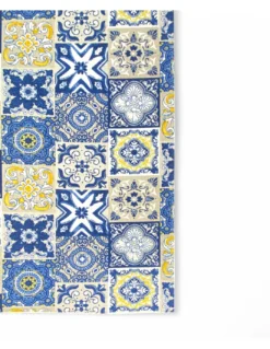 Tappeto Cucina Runner Antiscivolo - Passatoia Lavabile, Fantasia Maiolica Blu e Giallo, Design Moderno - Made in Italy