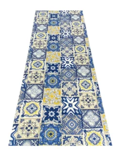 Tappeto Cucina Runner Antiscivolo - Passatoia Lavabile, Fantasia Maiolica Blu e Giallo, Design Moderno - Made in Italy