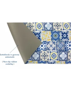 Tappeto Cucina Runner Antiscivolo - Passatoia Lavabile, Fantasia Maiolica Blu e Giallo, Design Moderno - Made in Italy