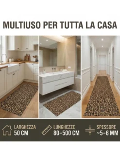 Tappeto Cucina Runner Leopardato Antiscivolo PVC 50 cm - Passatoia Tagliabile Made in Italy