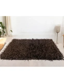 Tappeto Shaggy Marrone Moderno – Pelo 6 cm, Antiscivolo, 12 misure – Poliestere/Cotone – Fatti in India