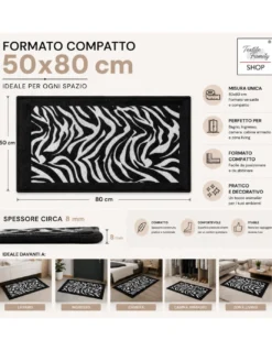 Tappeto Zebrato Zebra 50x80 cm Antiscivolo in Poliestere, Moderno Animalier, Spessore 8 mm