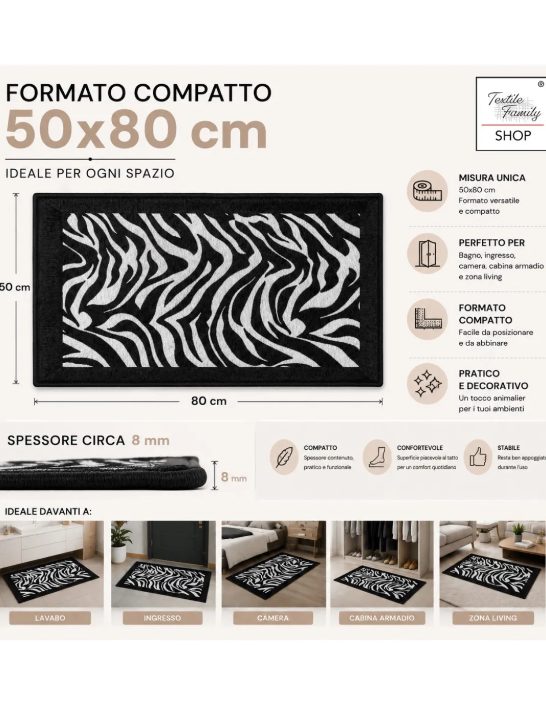 Tappeto Zebrato Zebra 50x80 cm Antiscivolo in Poliestere, Moderno Animalier, Spessore 8 mm