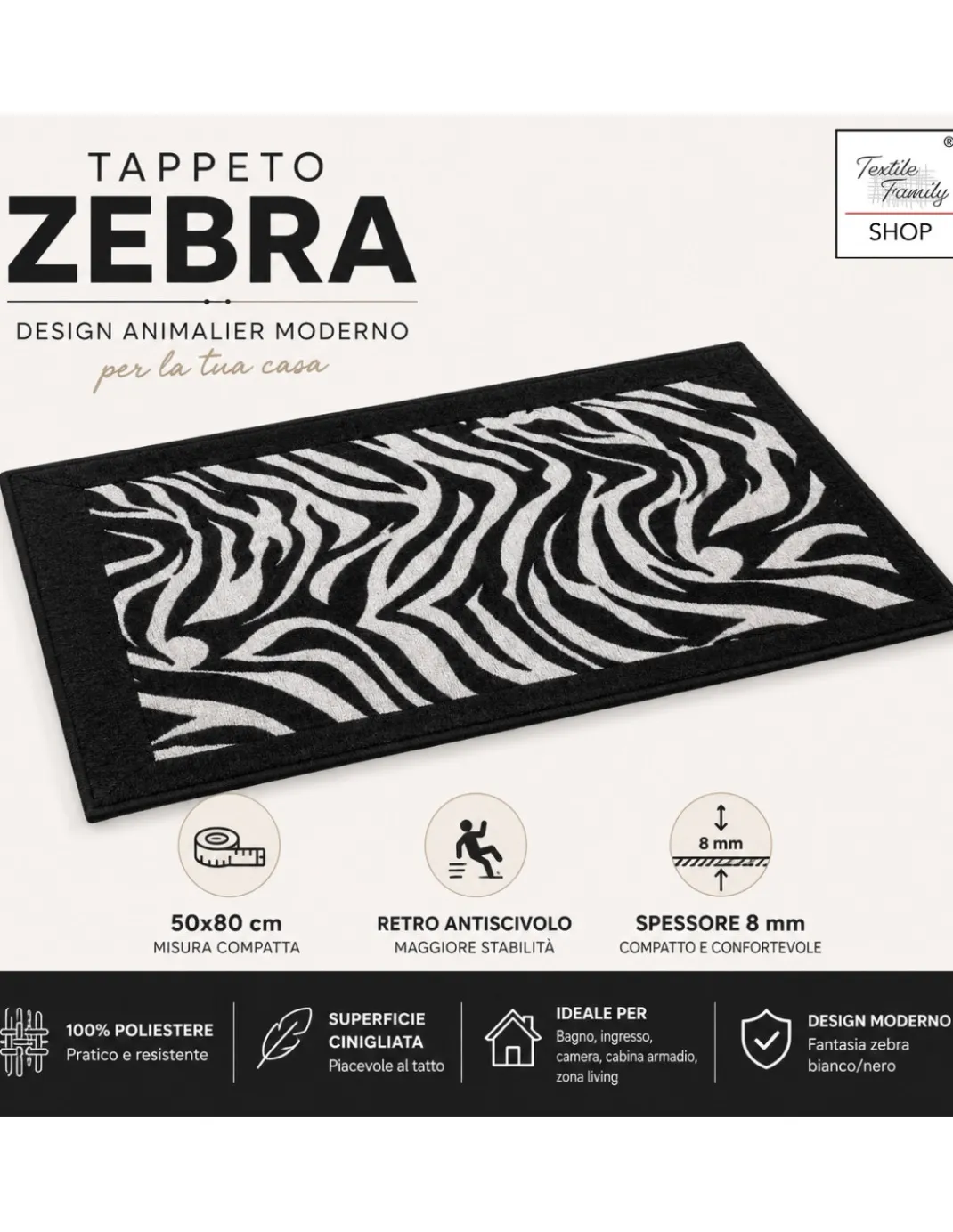 Tappeto Zebrato Zebra 50x80 cm Antiscivolo in Poliestere, Moderno Animalier, Spessore 8 mm