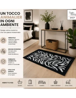 Tappeto Zebrato Zebra 50x80 cm Antiscivolo in Poliestere, Moderno Animalier, Spessore 8 mm
