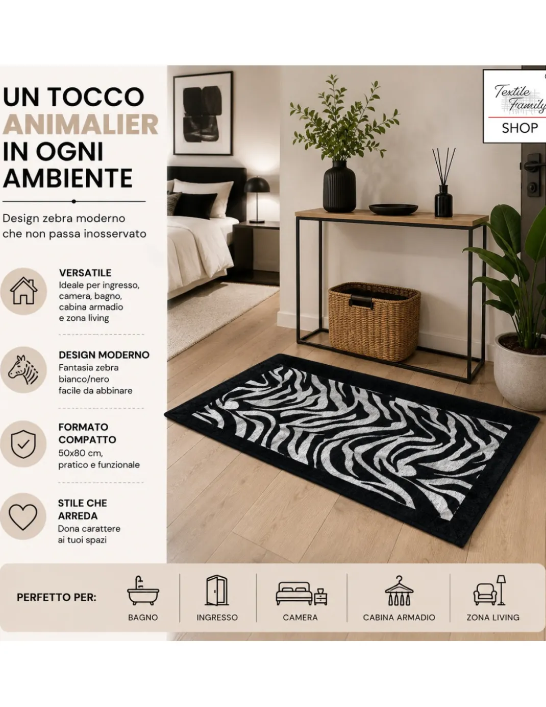 Tappeto Zebrato Zebra 50x80 cm Antiscivolo in Poliestere, Moderno Animalier, Spessore 8 mm
