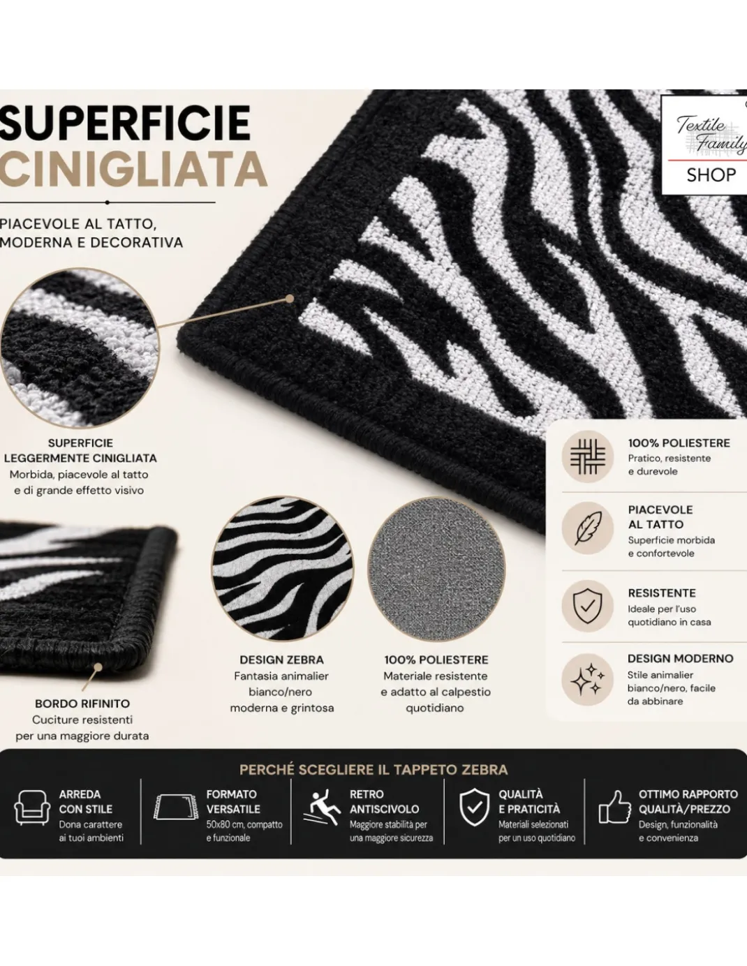 Tappeto Zebrato Zebra 50x80 cm Antiscivolo in Poliestere, Moderno Animalier, Spessore 8 mm