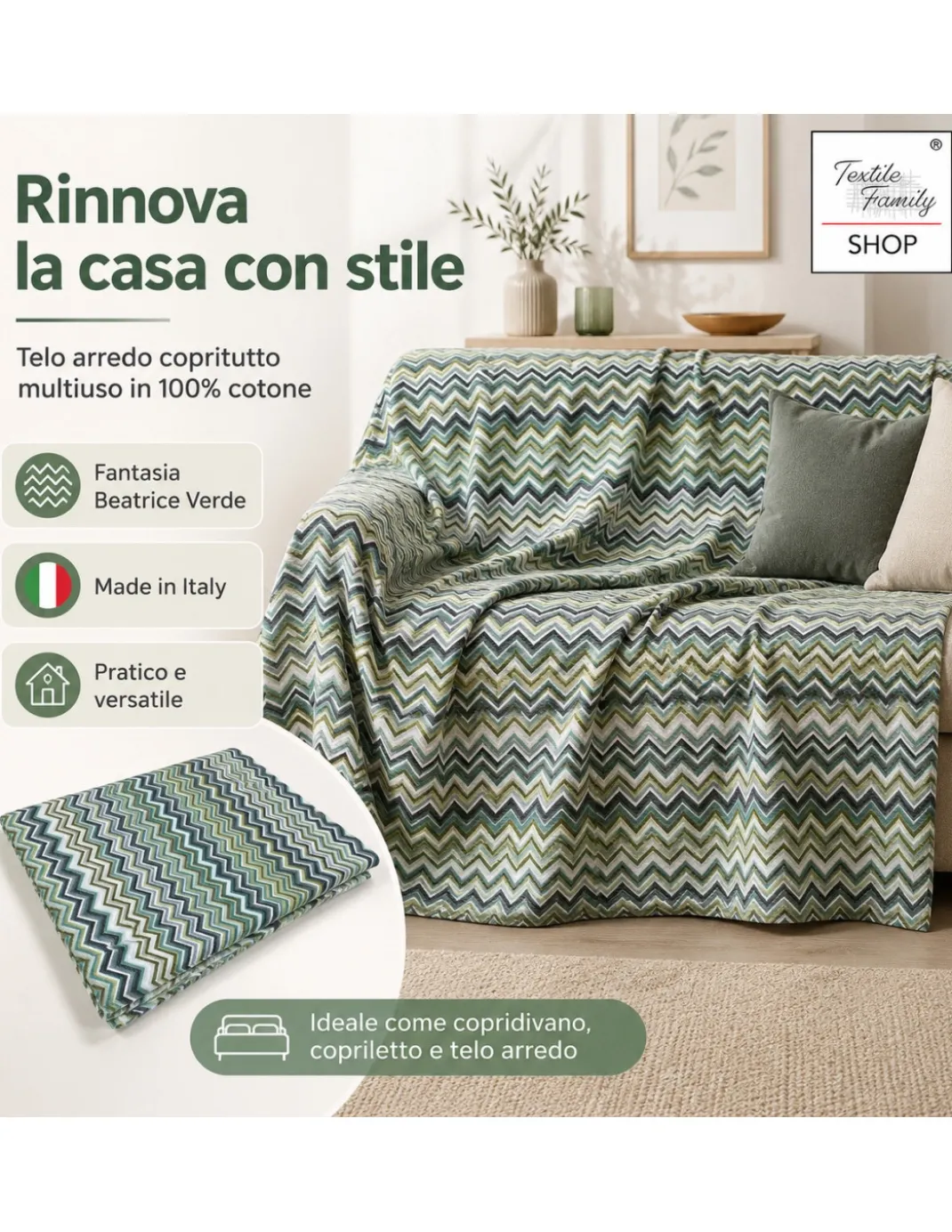 TELO ARREDO Copritutto GRAN FOULARD Copriletto COPRIDIVANO Tessuto BEATRICE Verde