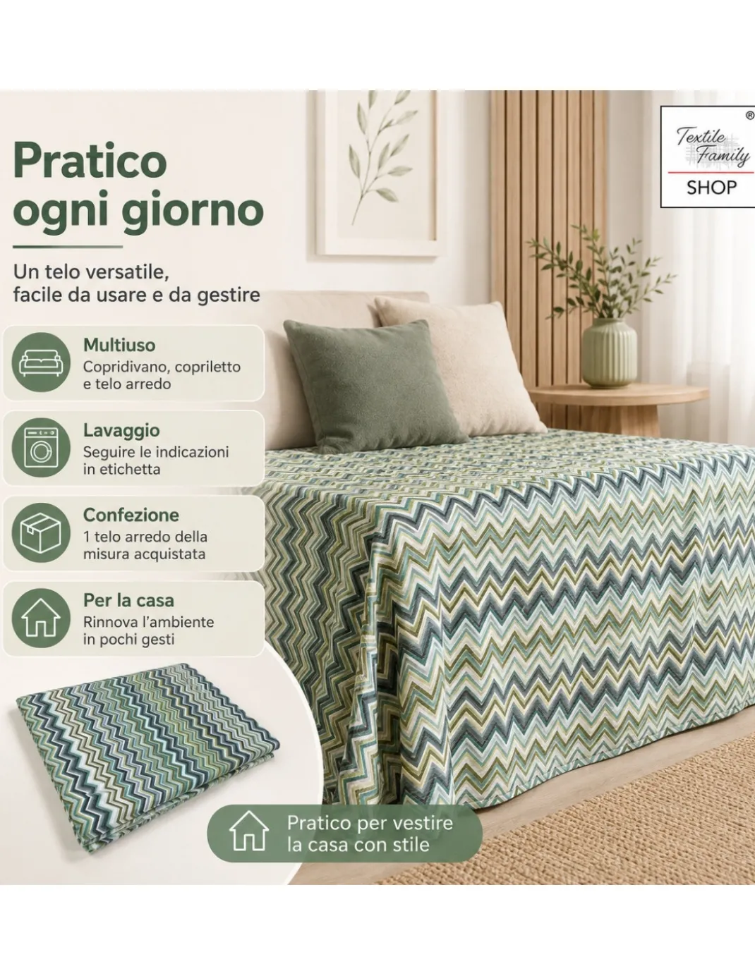 TELO ARREDO Copritutto GRAN FOULARD Copriletto COPRIDIVANO Tessuto BEATRICE Verde