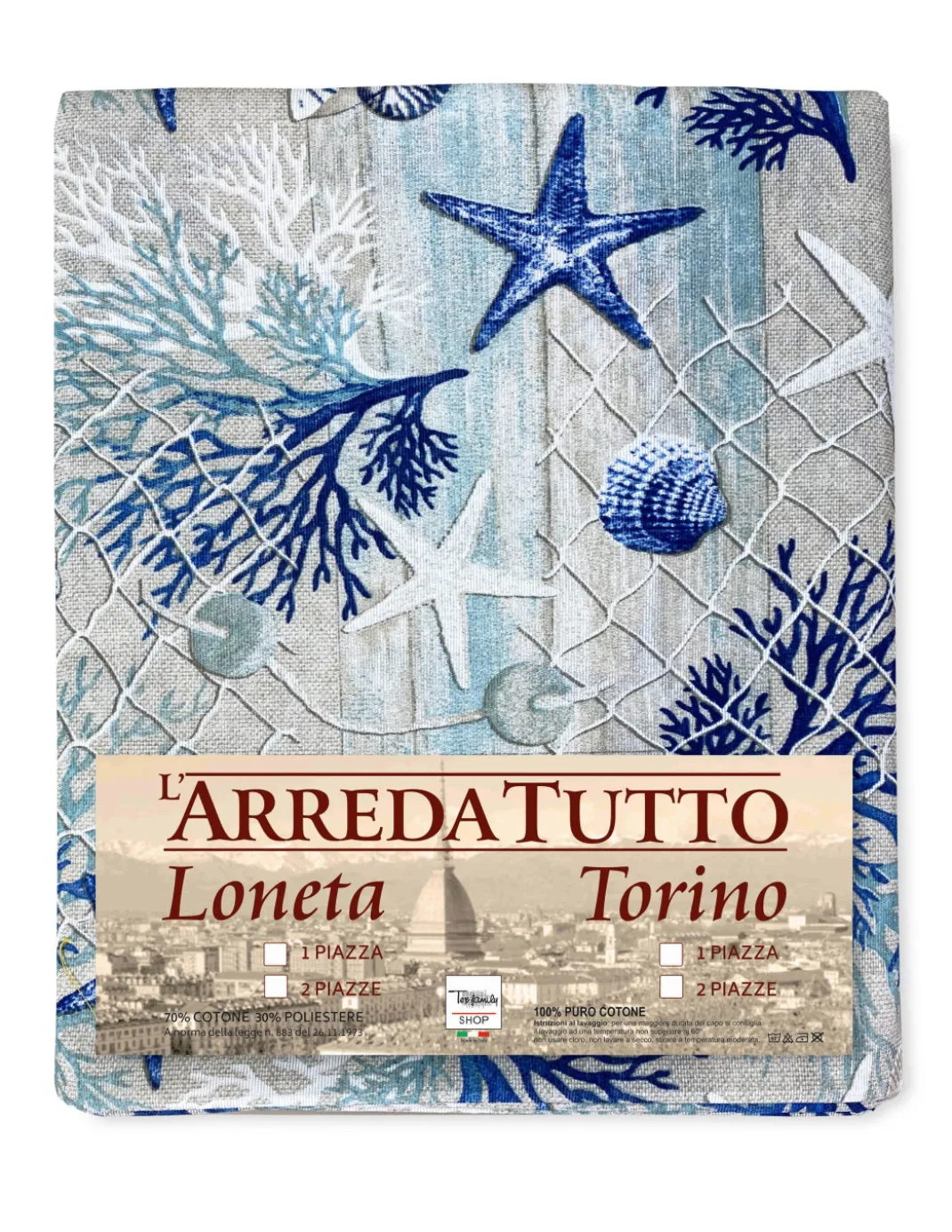 TELO ARREDO copritutto GRAN FOULARD COPRILETTO copridivano TESSUTO LONETA mare MARINO coralli BLU