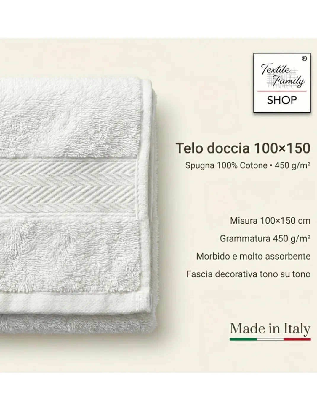 Telo Doccia Avorio 100x150 in Spugna 100% Cotone 450 g/m² Made in Italy