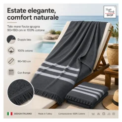 Telo Mare Asciugamano Fouta Spugna Grigio Scuro 90x180 100% Cotone con Frange Made in Turkey