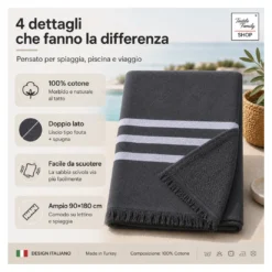 Telo Mare Asciugamano Fouta Spugna Grigio Scuro 90x180 100% Cotone con Frange Made in Turkey