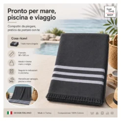 Telo Mare Asciugamano Fouta Spugna Grigio Scuro 90x180 100% Cotone con Frange Made in Turkey