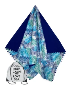 TELO mare doppio KIKOY Foglie Blu in COTONE e in SPUGNA con ZAINO KEEP