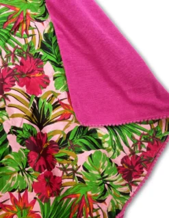 Telo mare doppio KIKOY in cotone e spugna con zaino KEEP – Fantasia Tropici fucsia
