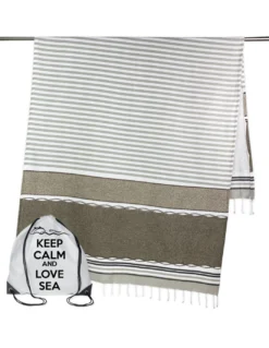 TELO MARE fouta BOY BEIGE misura GRANDE con zaino Spiaggia KEEP CALM CM.100X200