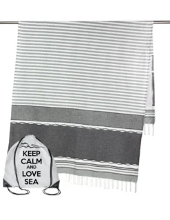 TELO MARE fouta BOY GRIGIO misura GRANDE con zaino Spiaggia KEEP CALM CM.100X200