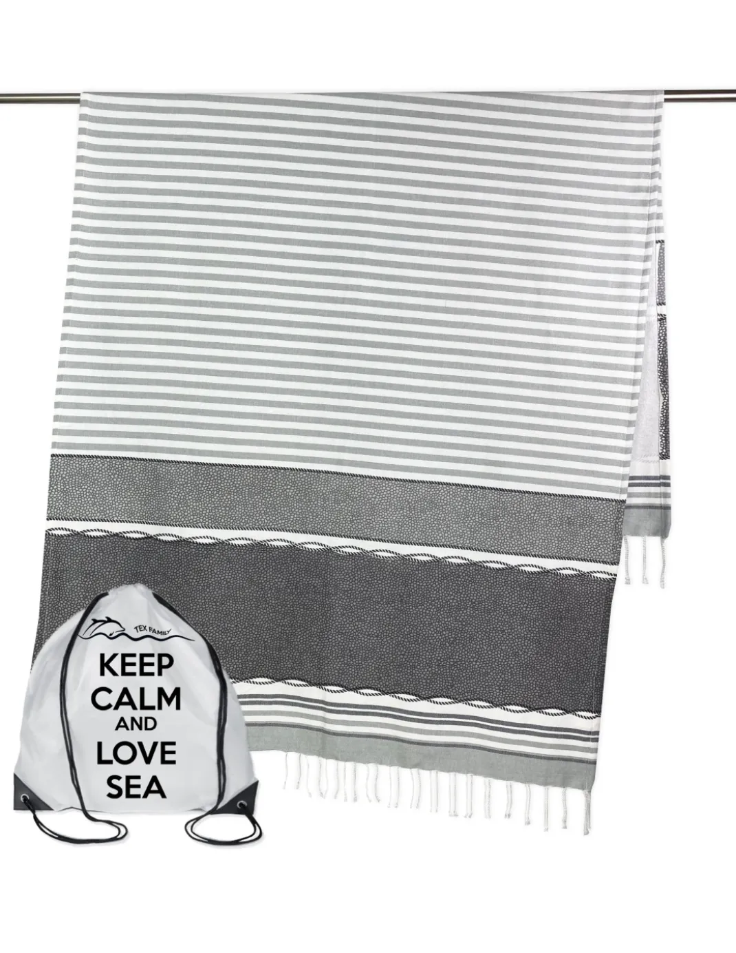 TELO MARE fouta BOY GRIGIO misura GRANDE con zaino Spiaggia KEEP CALM CM.100X200