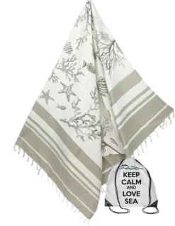TELO MARE fouta CORALLI Beige MISURA Grande CM.100X200 con zaino Spiaggia KEEP CALM