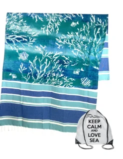 TELO MARE fouta CORALLI Piantine MISURA Grande CM.100X200 con zaino Spiaggia KEEP CALM