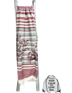 TELO MARE FOUTA GRANCHIO Rosso misura GRANDE con zaino Spiaggia KEEP CALM CM.100X200