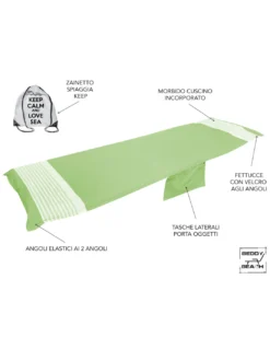 TELO MARE fouta LETTINO ALVIN VERDE ACIDO in cotone BEDDY BEACH © CON TASCHE MISURA CM. 75 X 195 e zaino SPIAGGIA