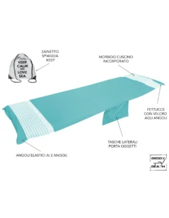 TELO MARE fouta LETTINO ALVIN SMERALDO in cotone BEDDY BEACH © CON TASCHE MISURA CM. 75 X 195 e zaino SPIAGGIA