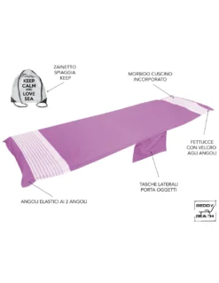 TELO MARE fouta LETTINO ALVIN FUCSIA in cotone BEDDY BEACH © CON TASCHE MISURA CM. 75 X 195 e zaino SPIAGGIA