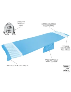 TELO MARE fouta LETTINO ALVIN BLUETTE in cotone BEDDY BEACH © CON TASCHE MISURA CM. 75 X 195 e zaino SPIAGGIA