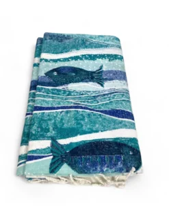 TELO MARE fouta Pesci Blu Grande CM.100X200 con zaino Spiaggia KEEP CALM