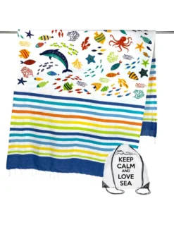 TELO MARE fouta PESCI COLORATI misura GRANDE con zaino Spiaggia KEEP CALM CM.100X200