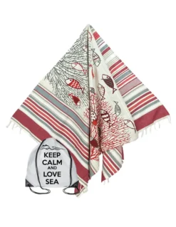 TELO MARE fouta PESCI rossi MISURA Grande CM.100X200 con zaino Spiaggia KEEP CALM