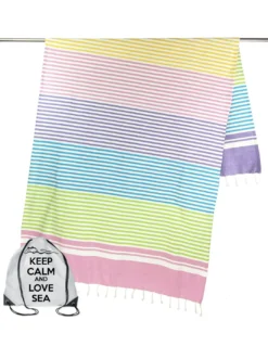 TELO MARE fouta RIGHE COLORATE misura GRANDE con zaino Spiaggia KEEP CALM CM.100X200