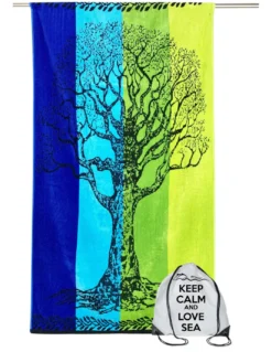 TELO MARE in spugna puro cotone ALBERO DELLA VITA BLU e VERDE misura grande cm. 90 X 170 e zaino spiaggia